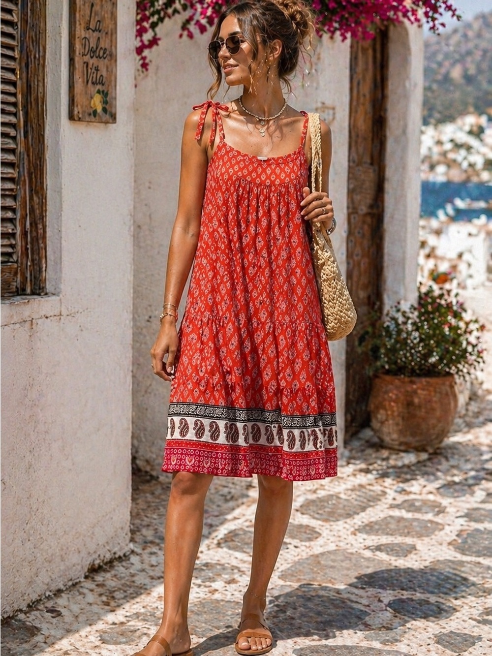 Beach Lunch Lounge Boho Tiered Sundress XXL Coral Paisley Tie Strap Summer Dress